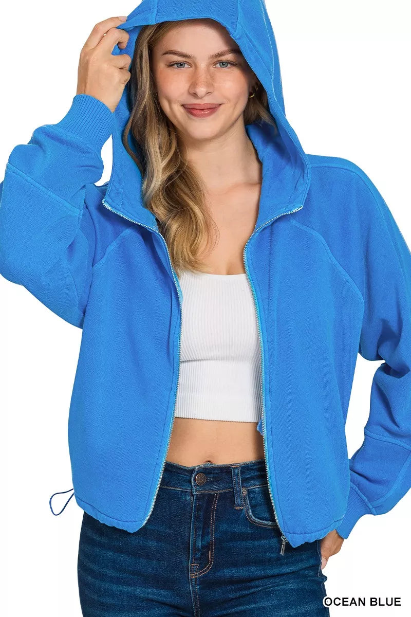 Zenana Fleece Pigment Dye Zip Up Hoodie with Pockets - WYNFLARE