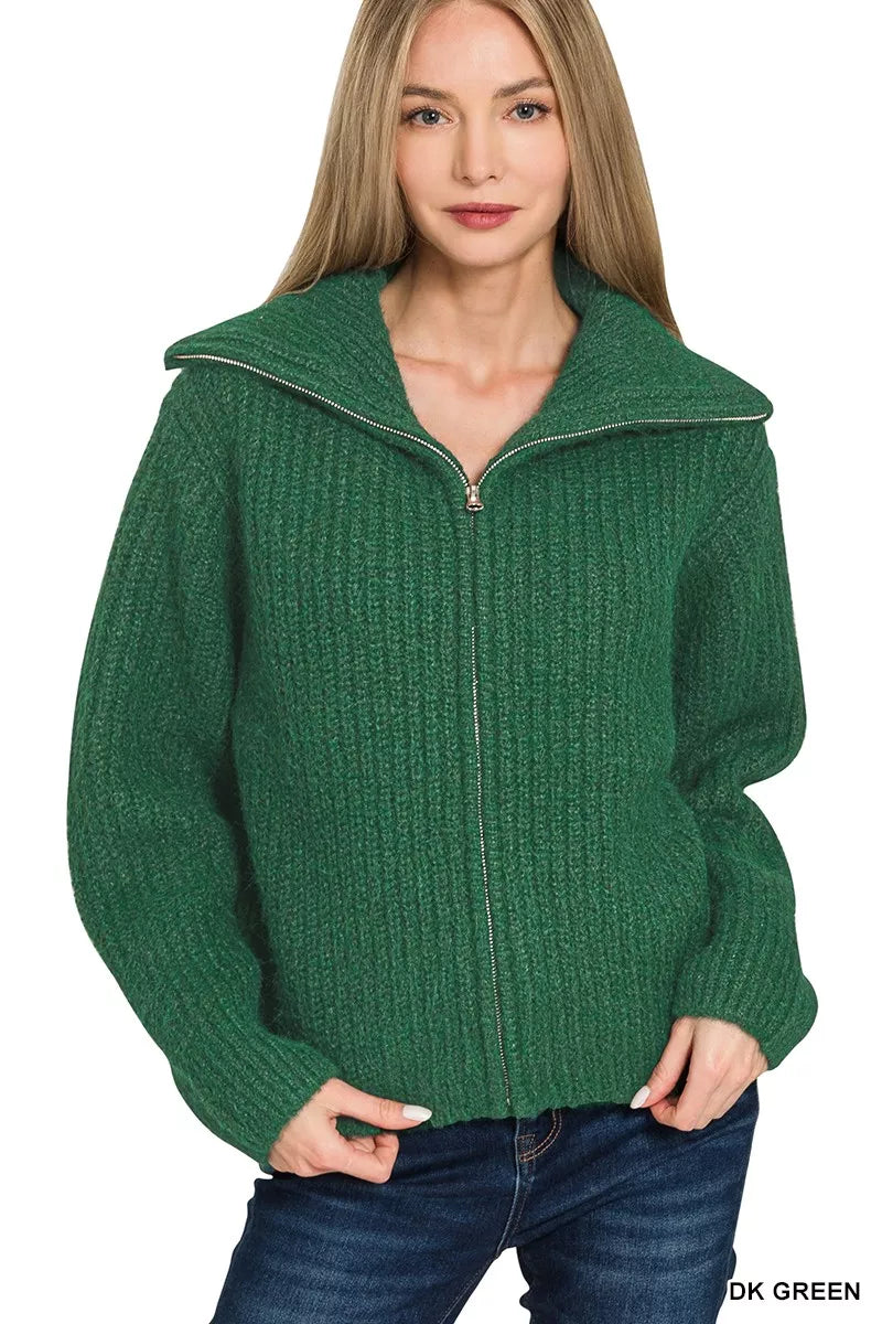 Zenana High Neck Full Zip Sweater Cardigan - WYNFLARE