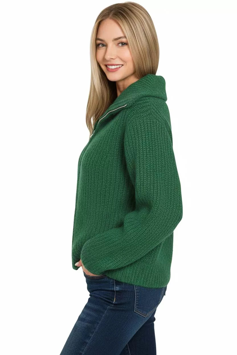 Zenana High Neck Full Zip Sweater Cardigan - WYNFLARE
