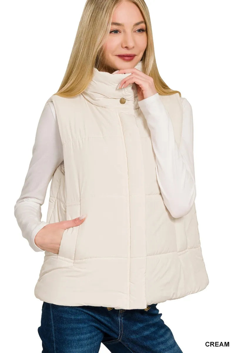 Zenana High Neck Zip-Up Vest Coat - WYNFLARE