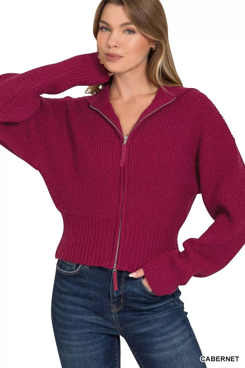 Zenana Ribbed Collared Zip Up Sweater Cardigan - WYNFLARE