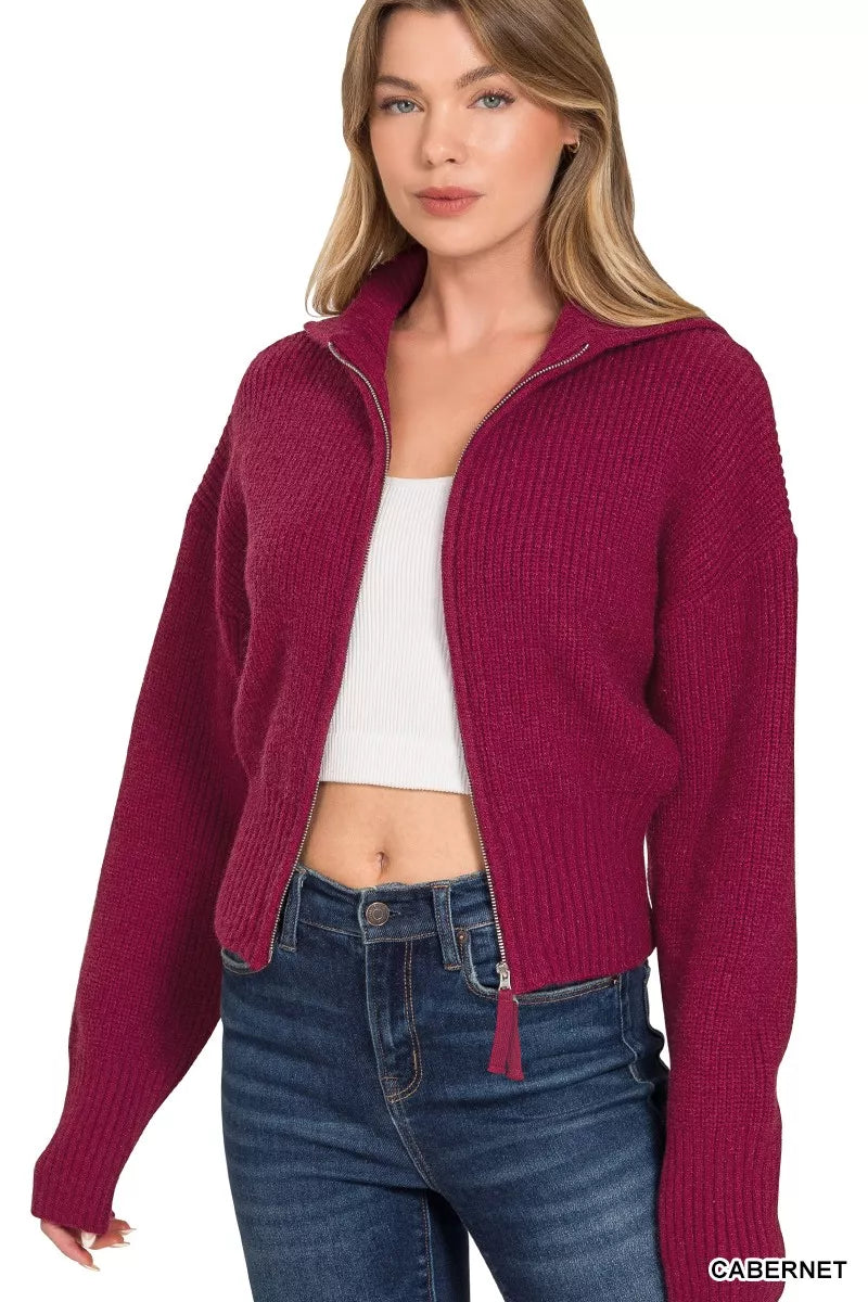 Zenana Ribbed Collared Zip Up Sweater Cardigan - WYNFLARE