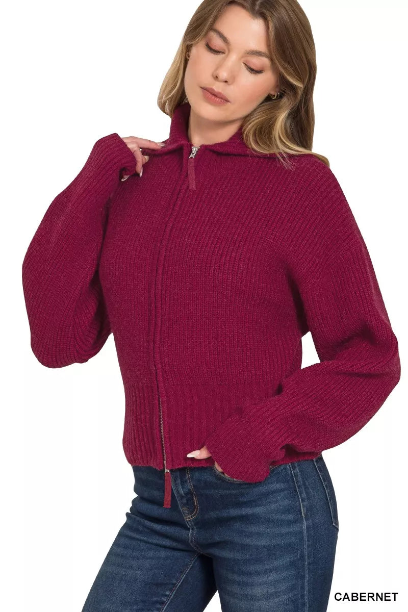 Zenana Ribbed Collared Zip Up Sweater Cardigan - WYNFLARE