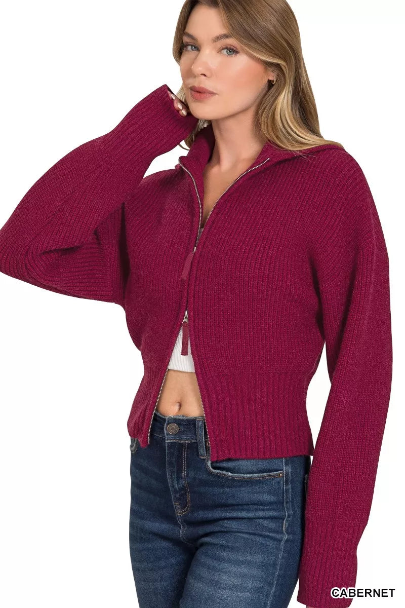 Zenana Ribbed Collared Zip Up Sweater Cardigan - WYNFLARE
