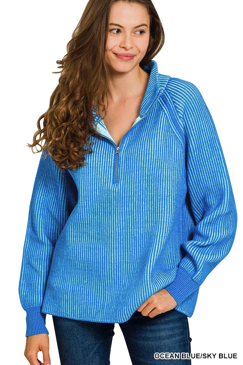 Zenana Ribbed Two Tone Half Zip Sweater - WYNFLARE