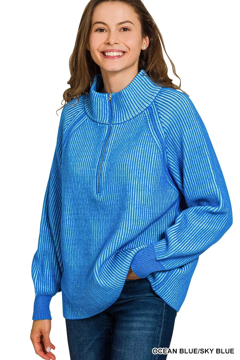 Zenana Ribbed Two Tone Half Zip Sweater - WYNFLARE