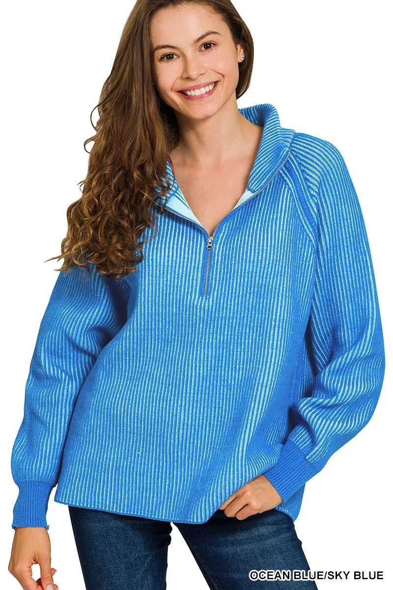 Zenana Ribbed Two Tone Half Zip Sweater - WYNFLARE