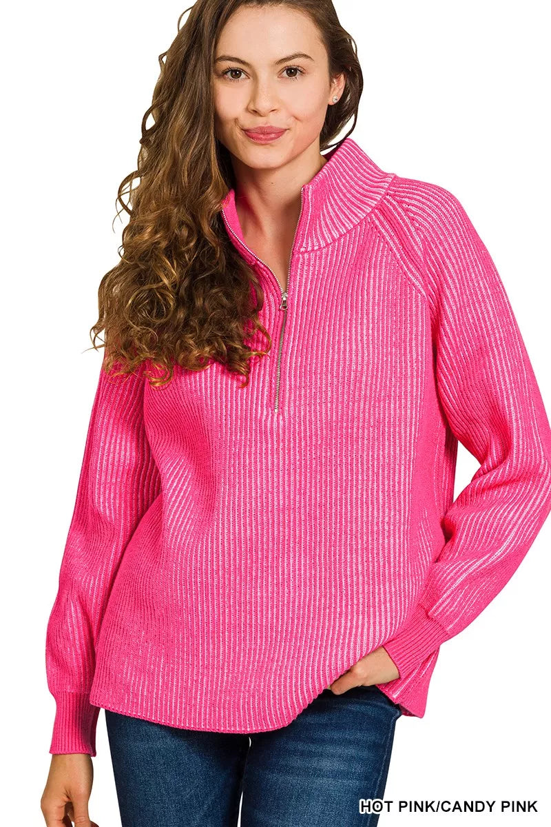 Zenana Ribbed Two Tone Half Zip Sweater - WYNFLARE