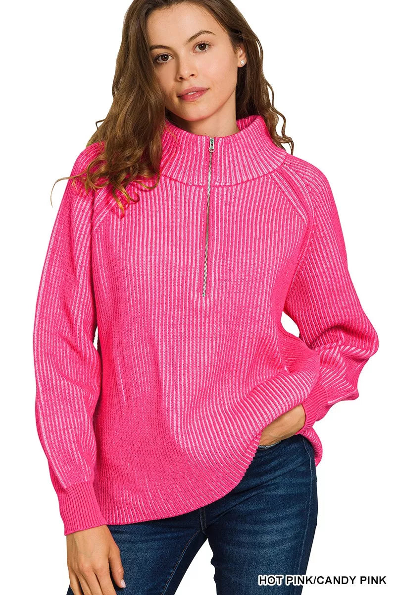 Zenana Ribbed Two Tone Half Zip Sweater - WYNFLARE
