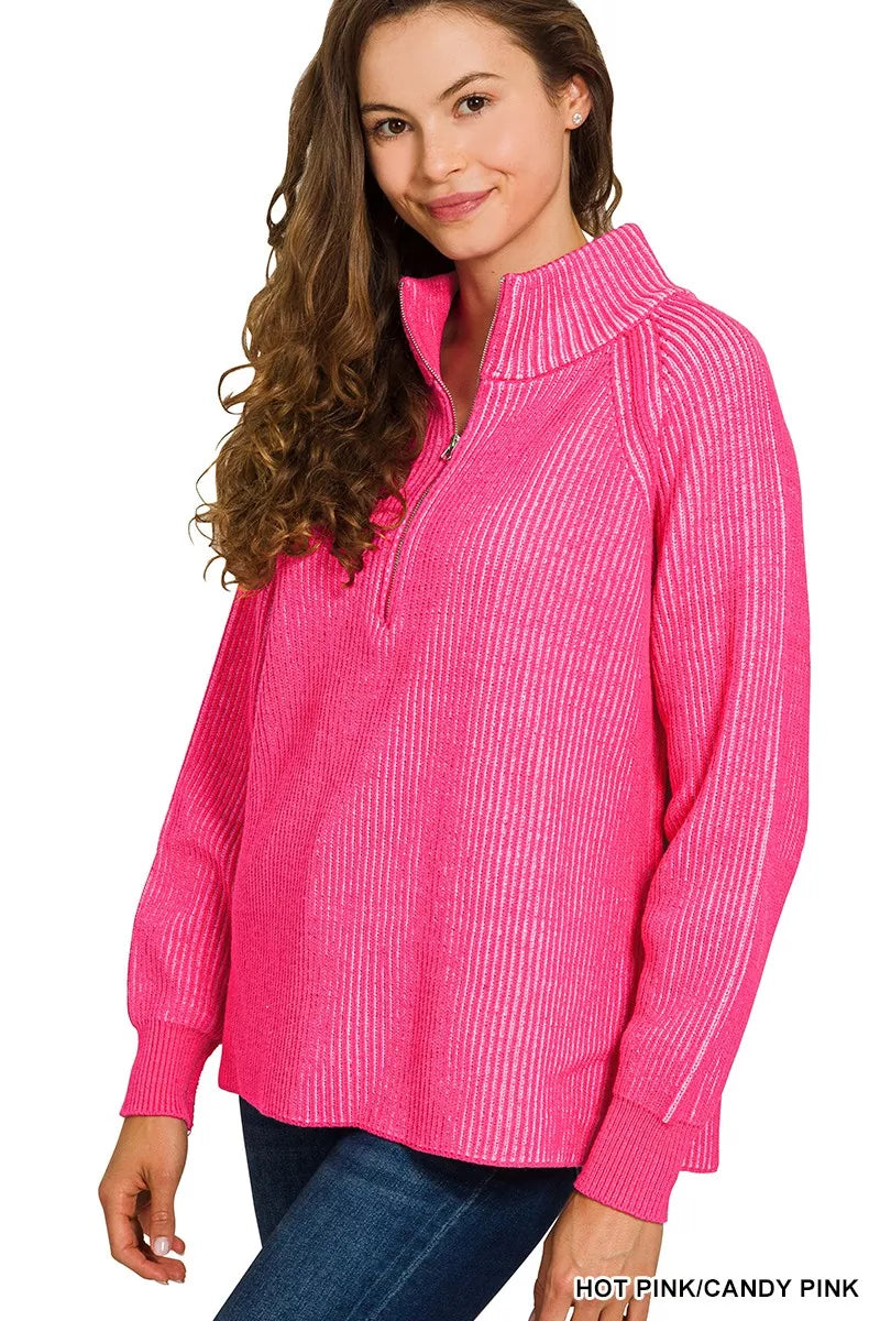 Zenana Ribbed Two Tone Half Zip Sweater - WYNFLARE