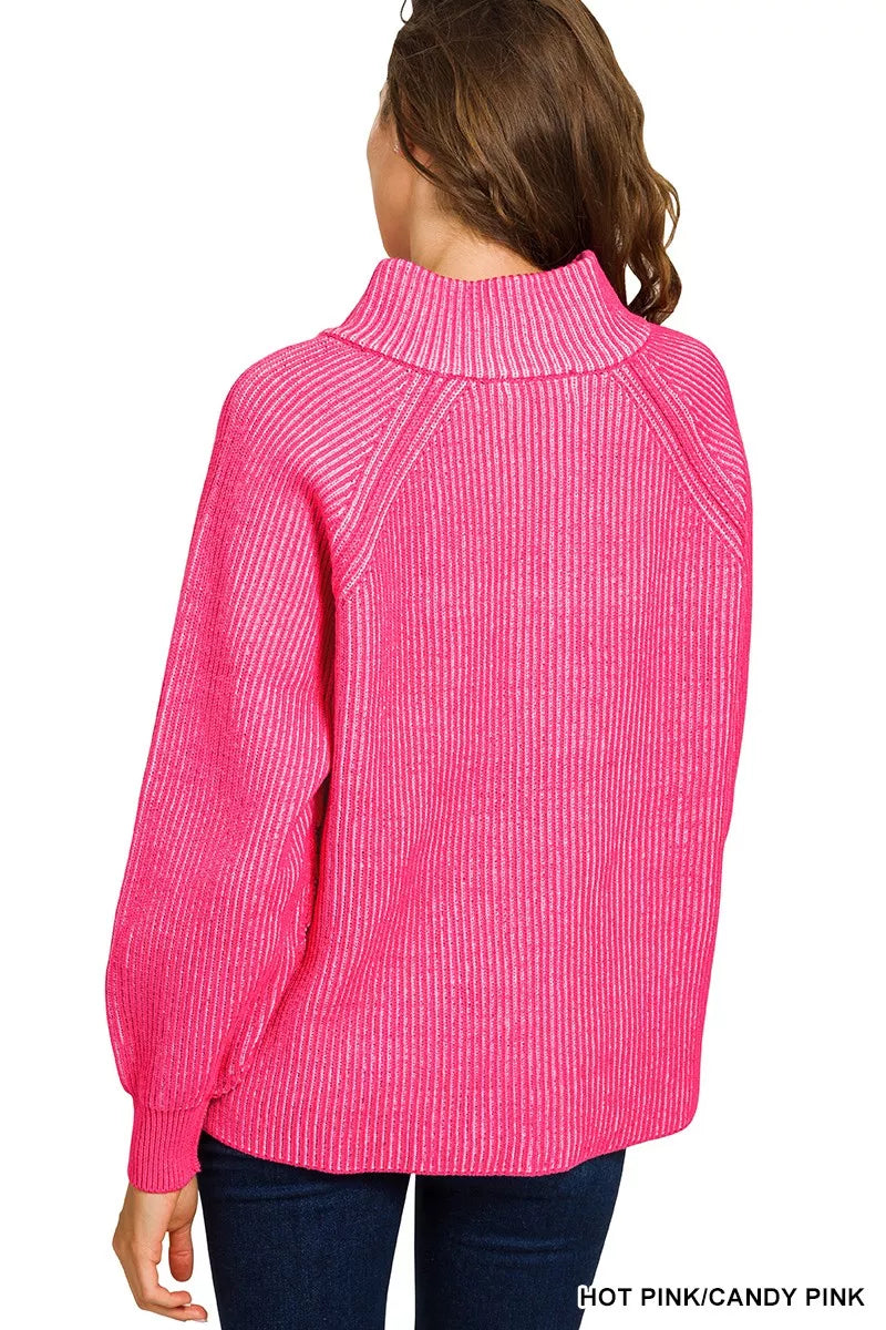 Zenana Ribbed Two Tone Half Zip Sweater - WYNFLARE