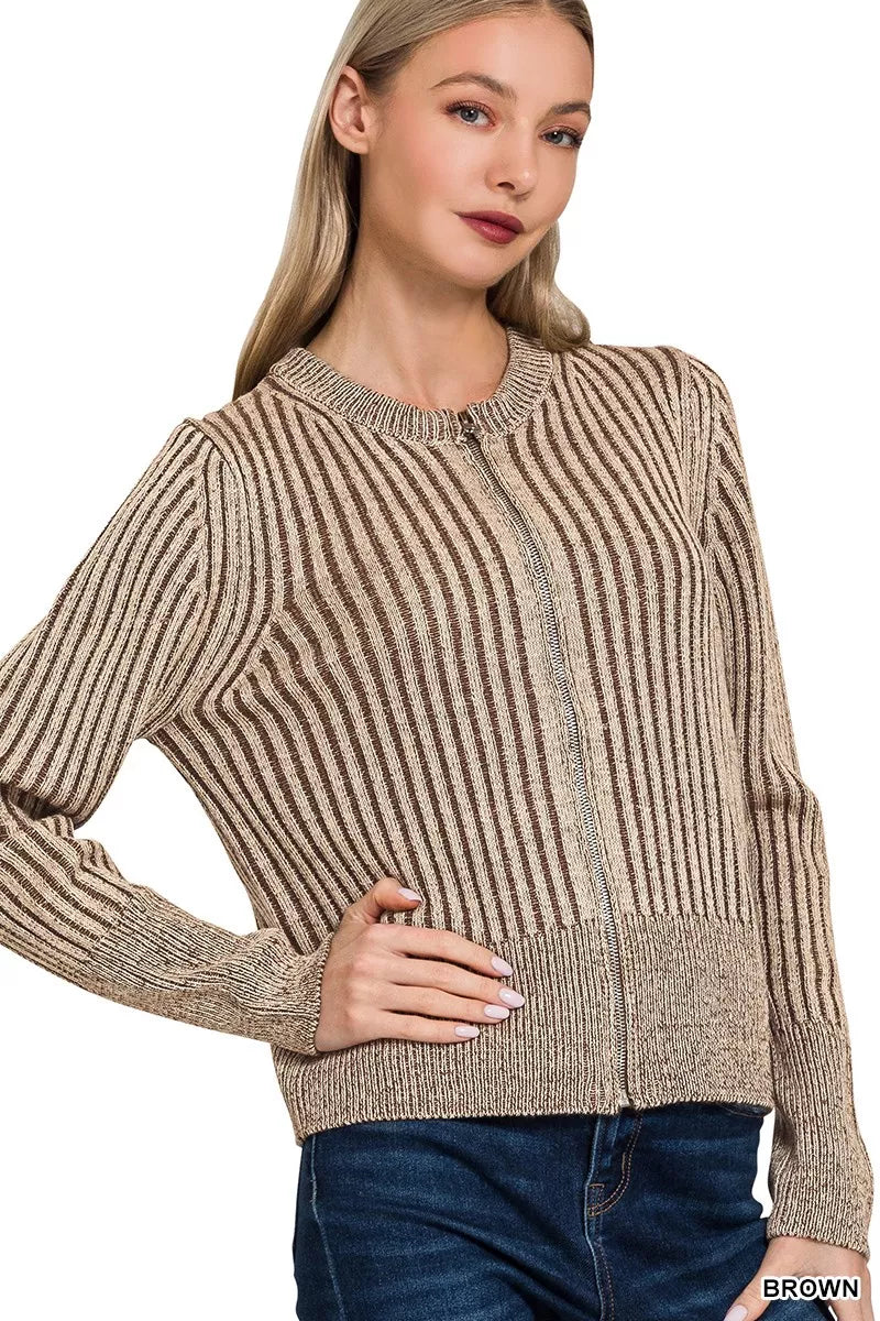 Zenana Ribbed Two Tone Zip Up Sweater Cardigan - WYNFLARE