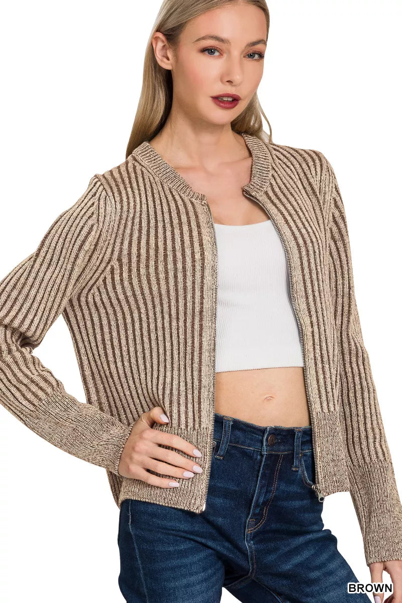 Zenana Ribbed Two Tone Zip Up Sweater Cardigan - WYNFLARE