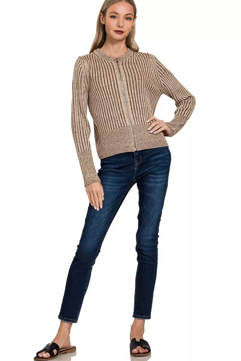 Zenana Ribbed Two Tone Zip Up Sweater Cardigan - WYNFLARE