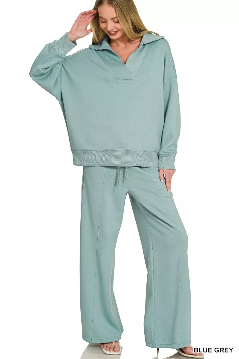 Zenana Scuba Collared Pullover & Center Seam Pants Set - WYNFLARE
