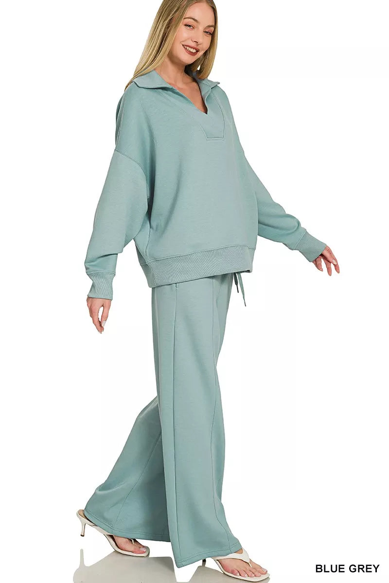 Zenana Scuba Collared Pullover & Center Seam Pants Set - WYNFLARE