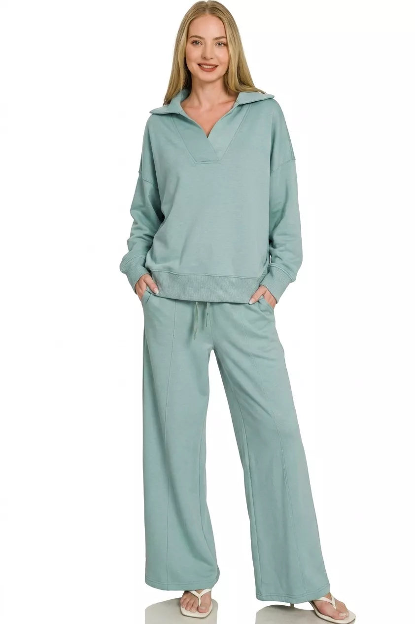 Zenana Scuba Collared Pullover & Center Seam Pants Set - WYNFLARE