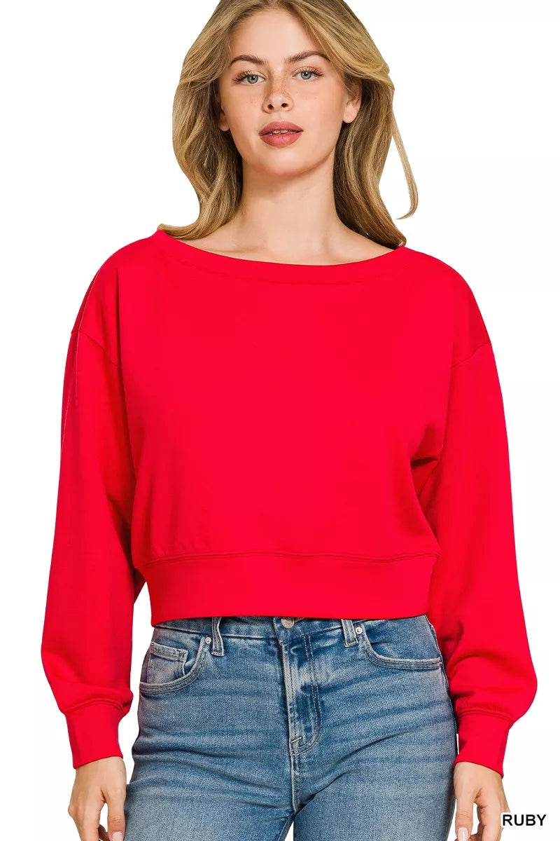 Zenana Scuba Cropped Boat Neck Pullover Sweatshirts - WYNFLARE