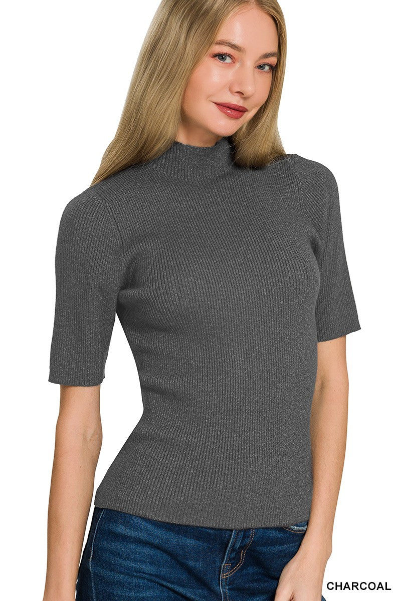 Zenana Viscose Ribbed Mock Neck Sweater - Charcoal - WYNFLARE