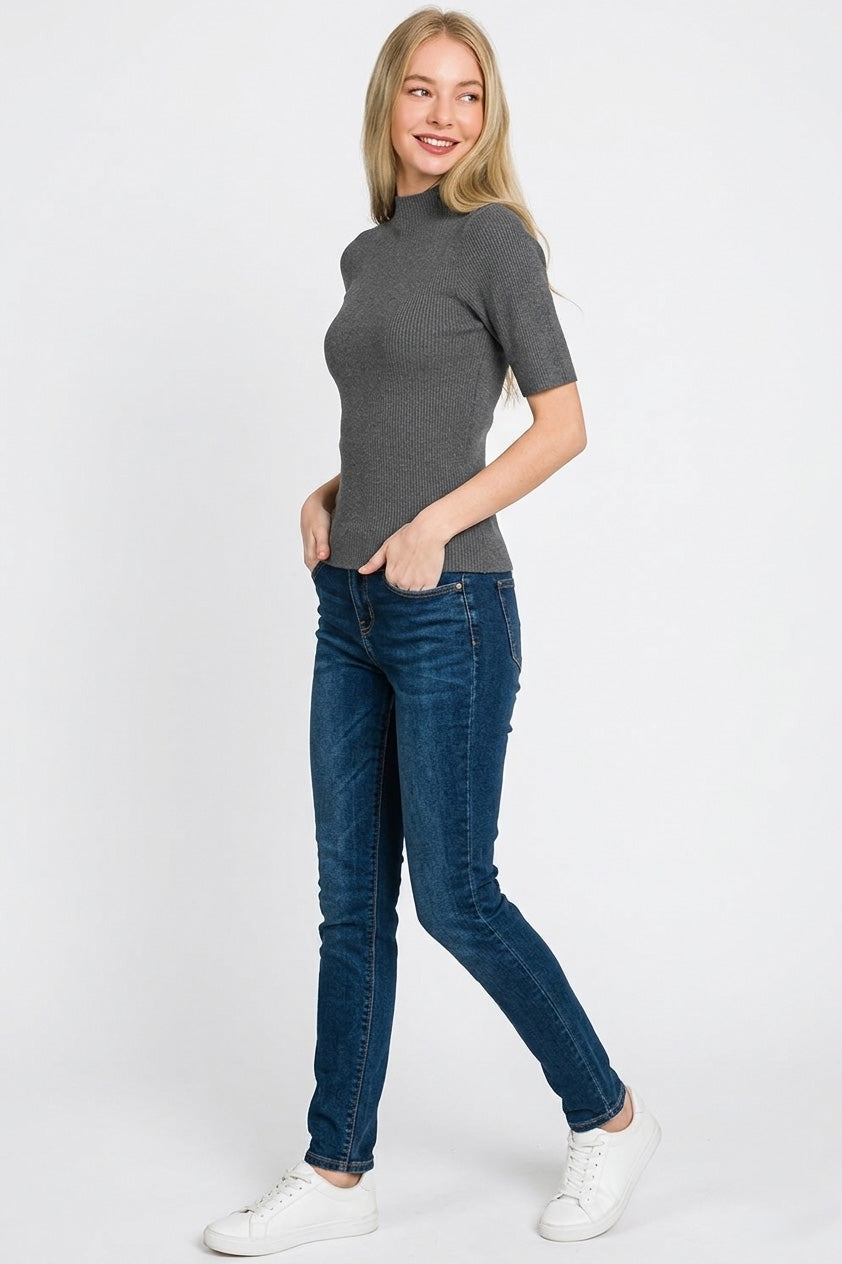Zenana Viscose Ribbed Mock Neck Sweater - Charcoal - WYNFLARE