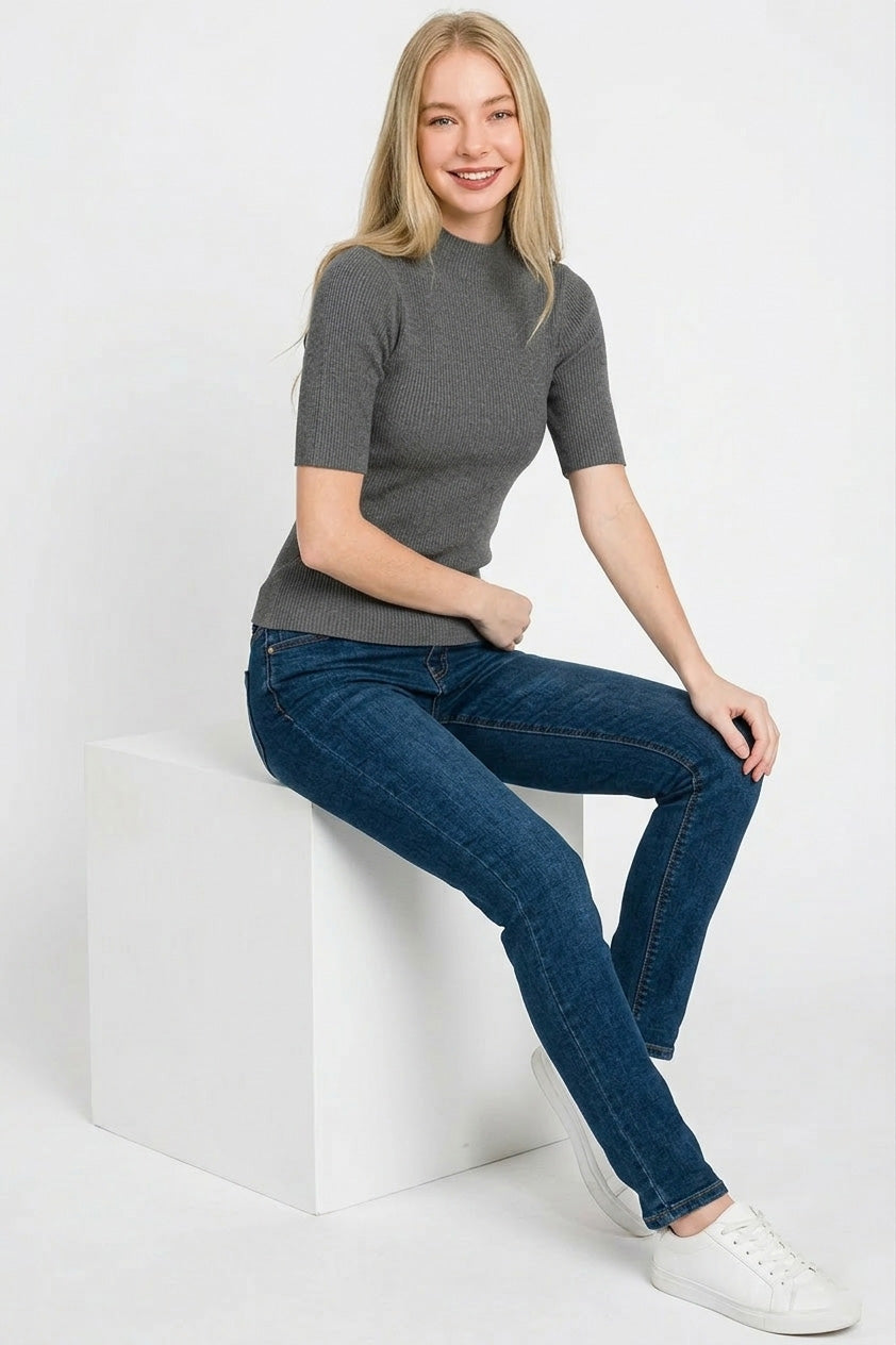 Zenana Viscose Ribbed Mock Neck Sweater - Charcoal - WYNFLARE