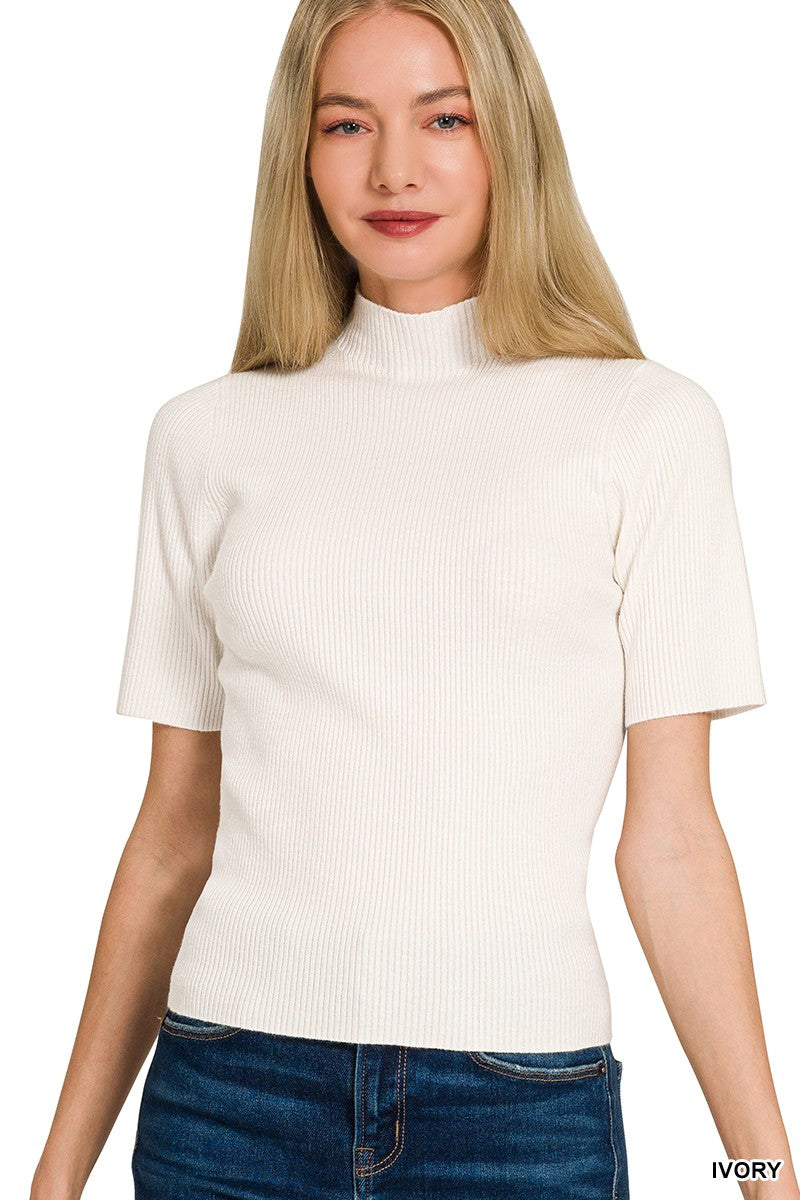Zenana Viscose Ribbed Mock Neck Sweater - Ivory - WYNFLARE