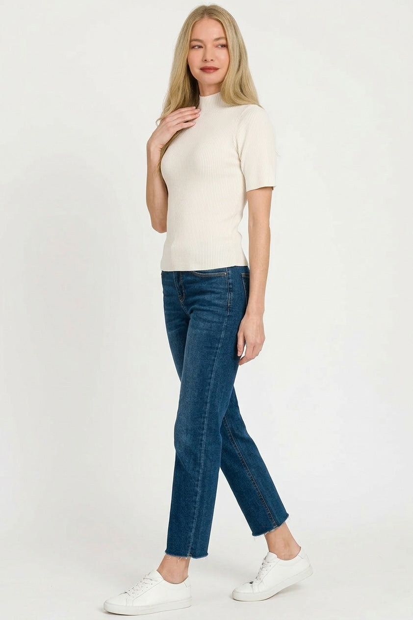 Zenana Viscose Ribbed Mock Neck Sweater - Ivory - WYNFLARE
