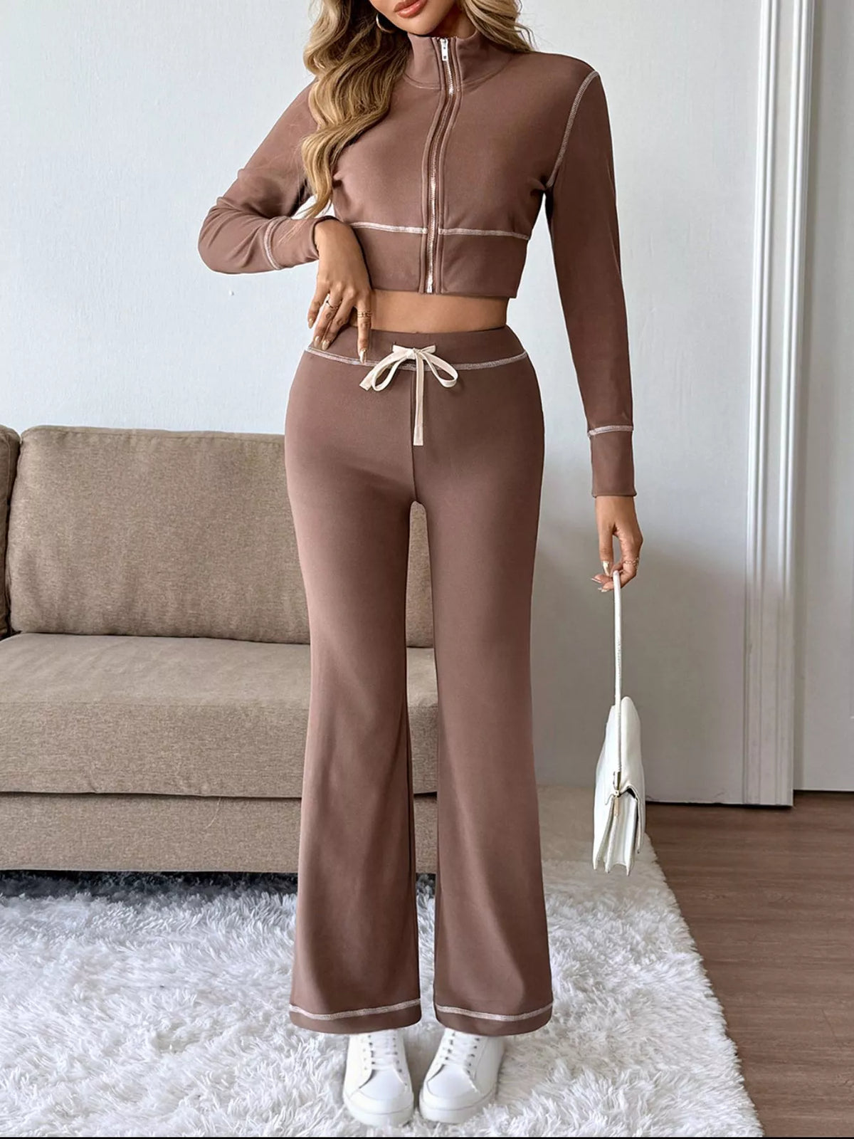 Zip Up Long Sleeve Top and Pants Set - WYNFLARE