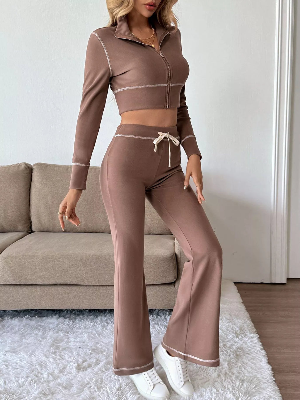 Zip Up Long Sleeve Top and Pants Set - WYNFLARE