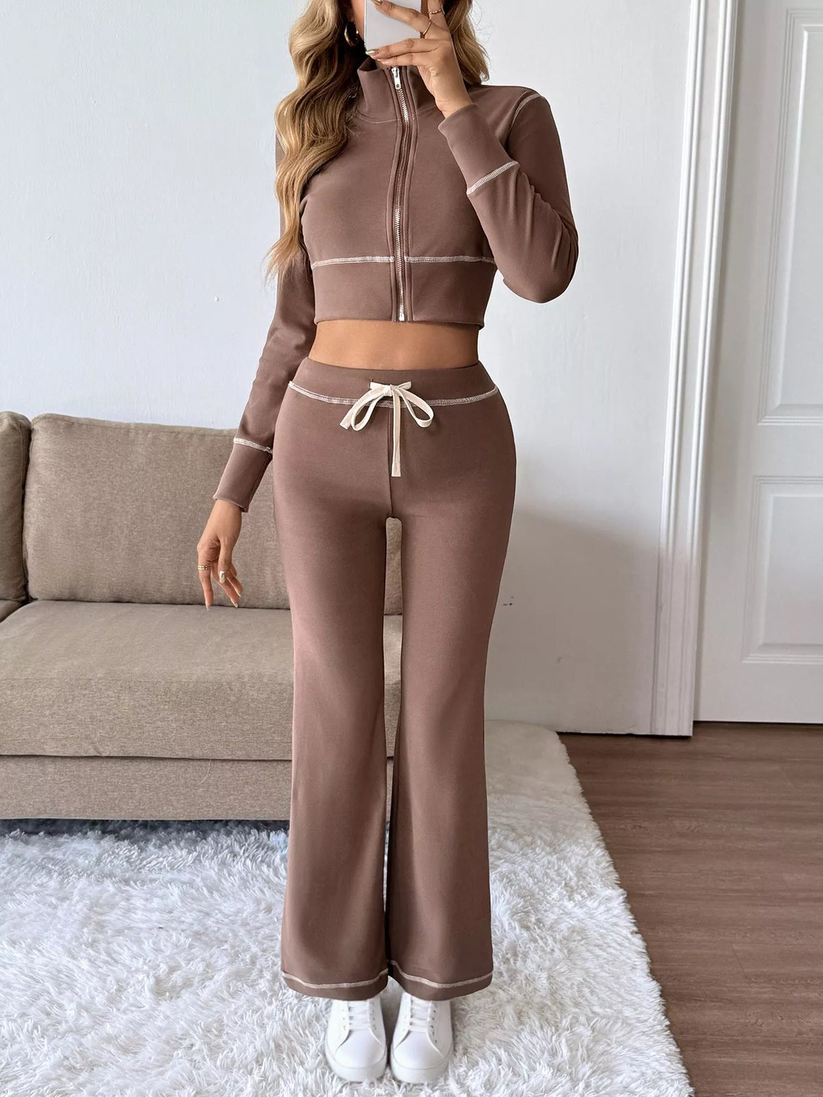Zip Up Long Sleeve Top and Pants Set - WYNFLARE