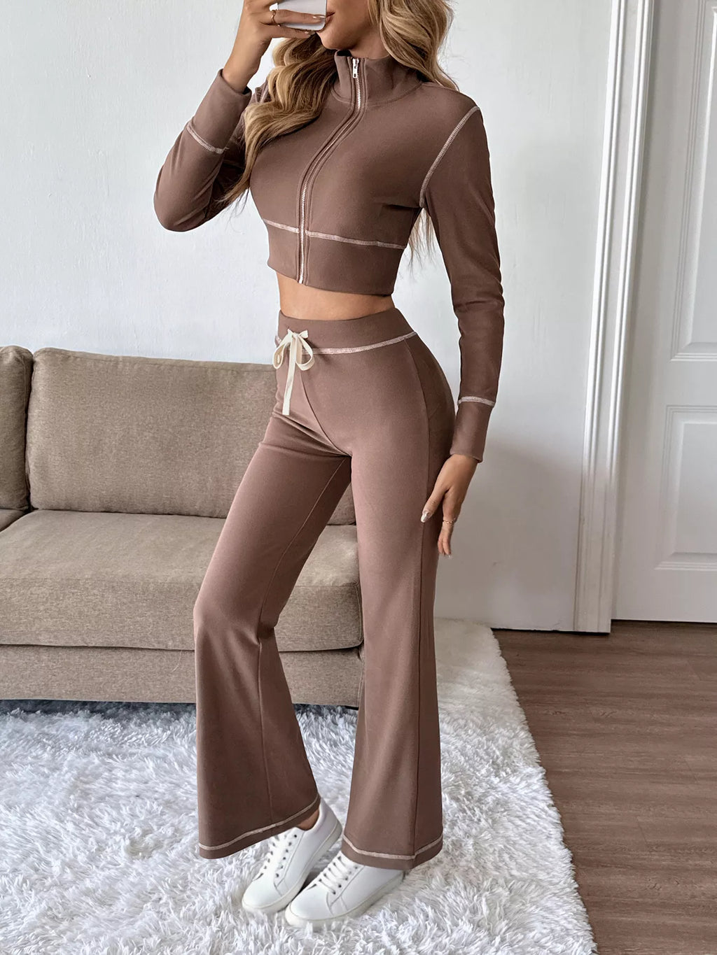 Zip Up Long Sleeve Top and Pants Set - WYNFLARE