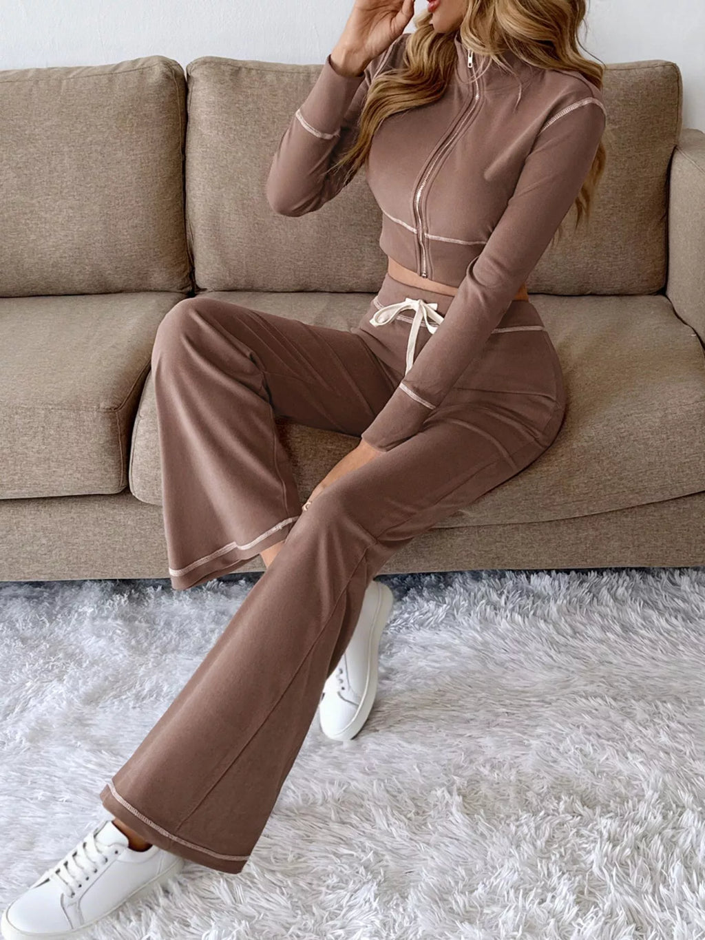 Zip Up Long Sleeve Top and Pants Set - WYNFLARE