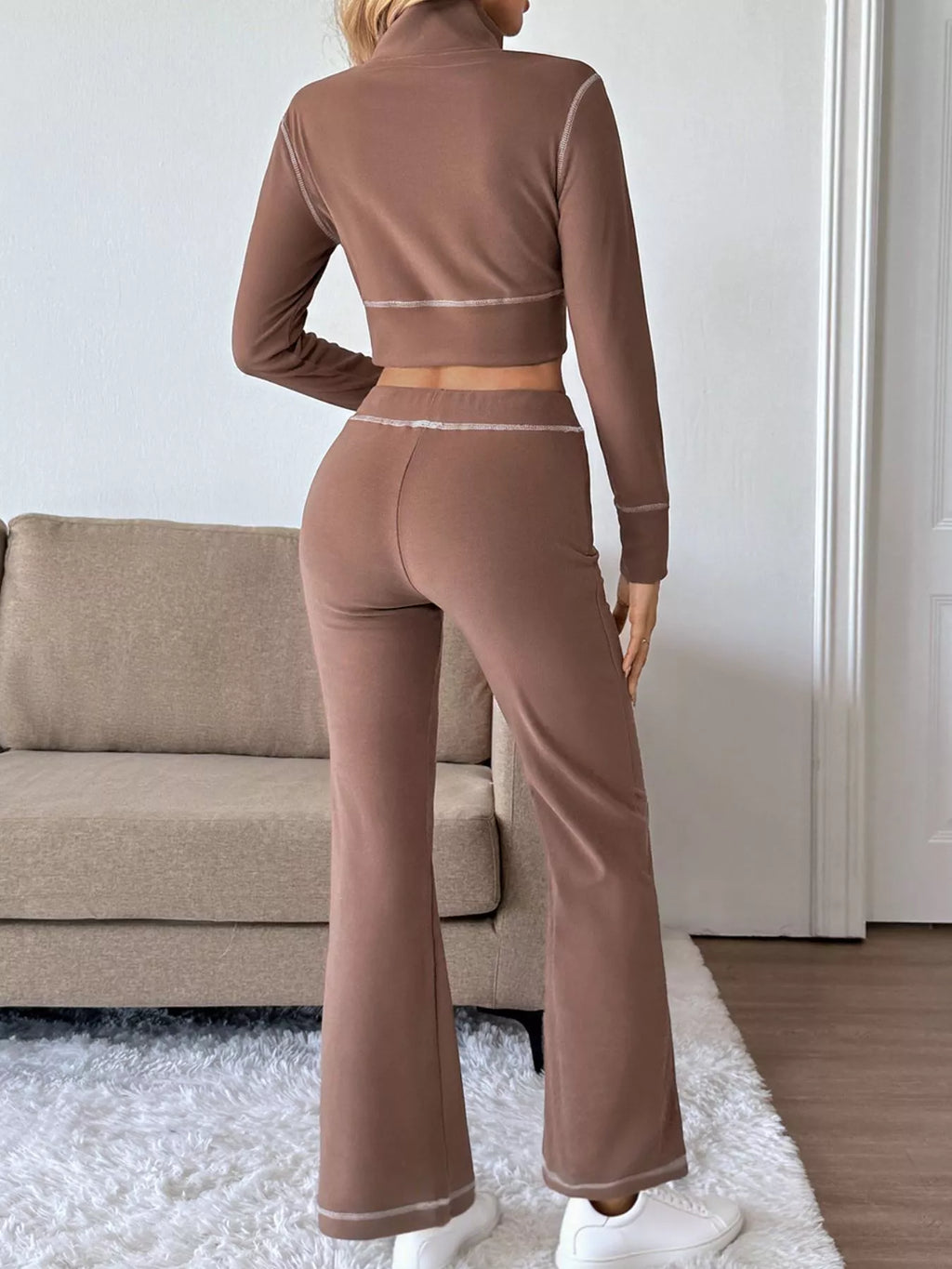 Zip Up Long Sleeve Top and Pants Set - WYNFLARE