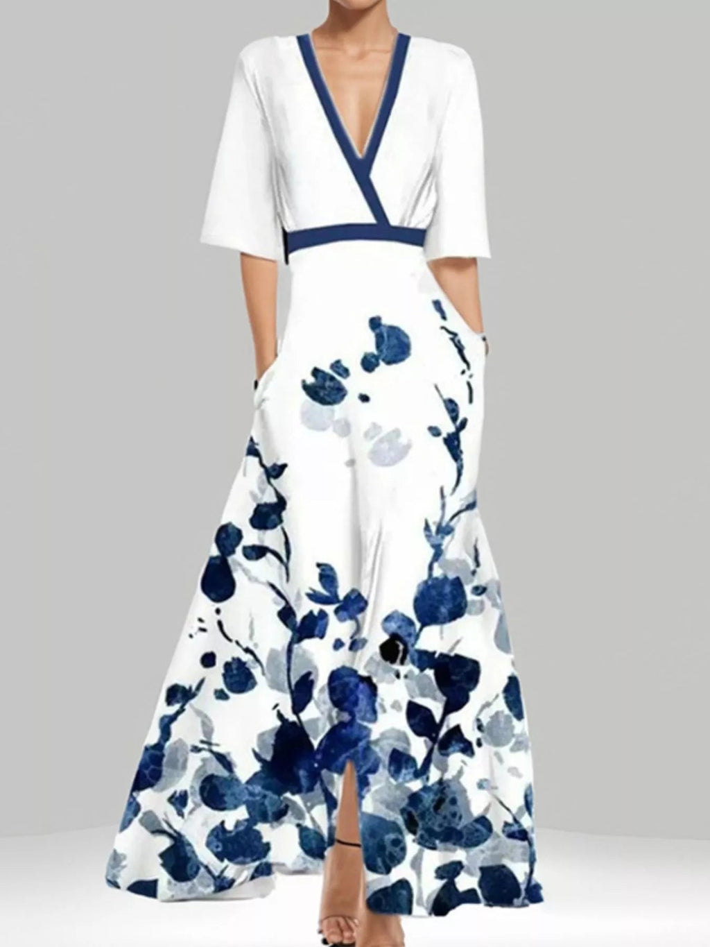Floral Print Half Sleeve Maxi Dress with Pockets