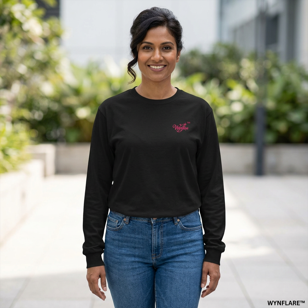 Woman wearing the black Wynflare heavyweight long-sleeve tee on a sunlit terrace