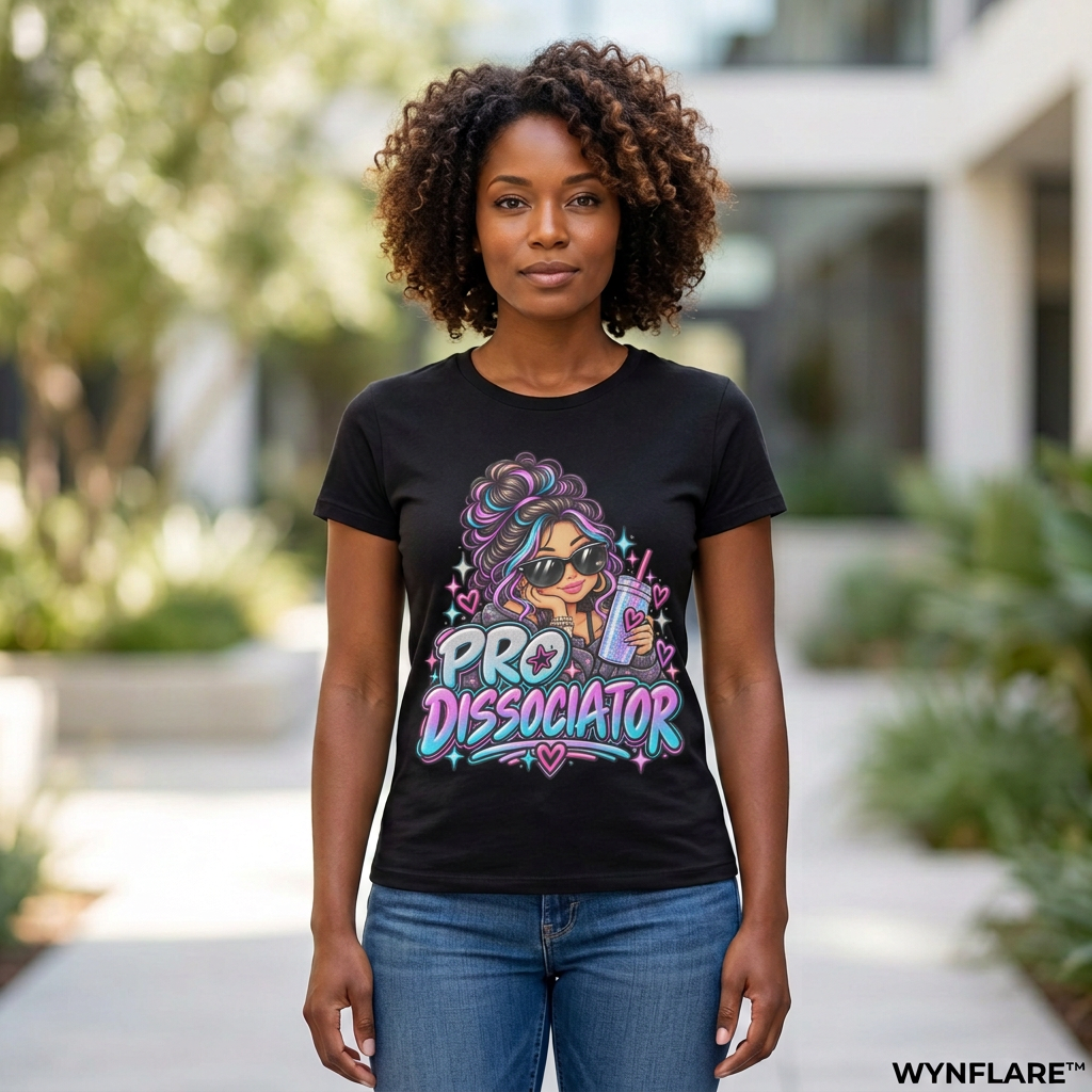Illustrative model mockup of black Pro Dissociator women's t-shirt with large front graphic and WYNFLARE trademark branding