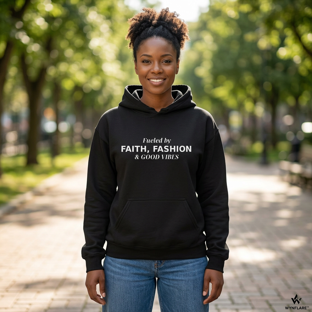 Woman wearing the black Fueled by Faith Fashion and Good Vibes hoodie on a sunlit park path