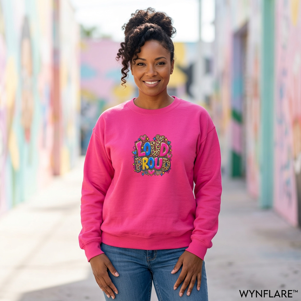 Woman wearing the pink Loud Proud crewneck sweatshirt on a sunlit pastel walkway