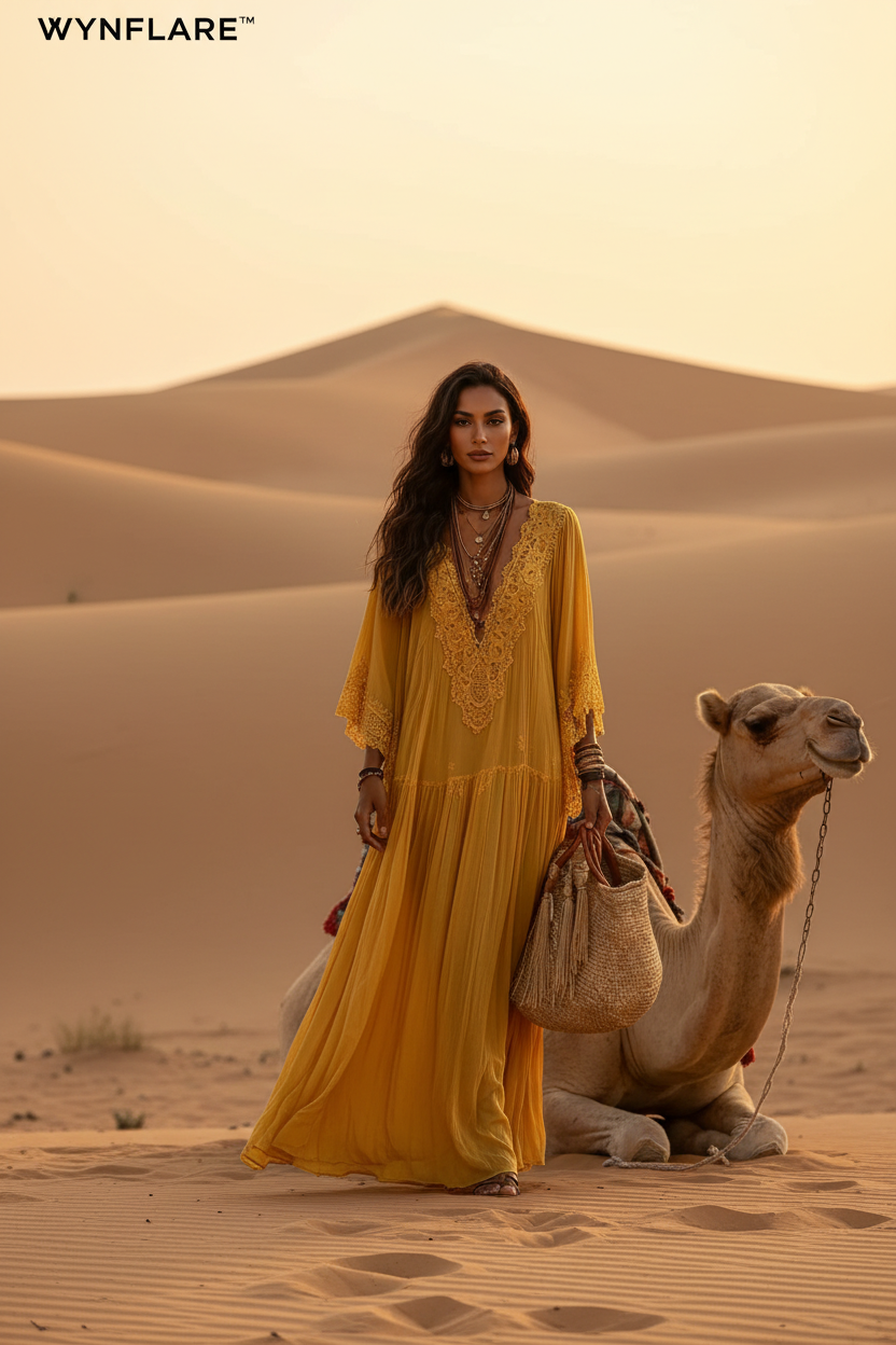 Morocco — Yellow Lace Maxi with Camel, Sahara