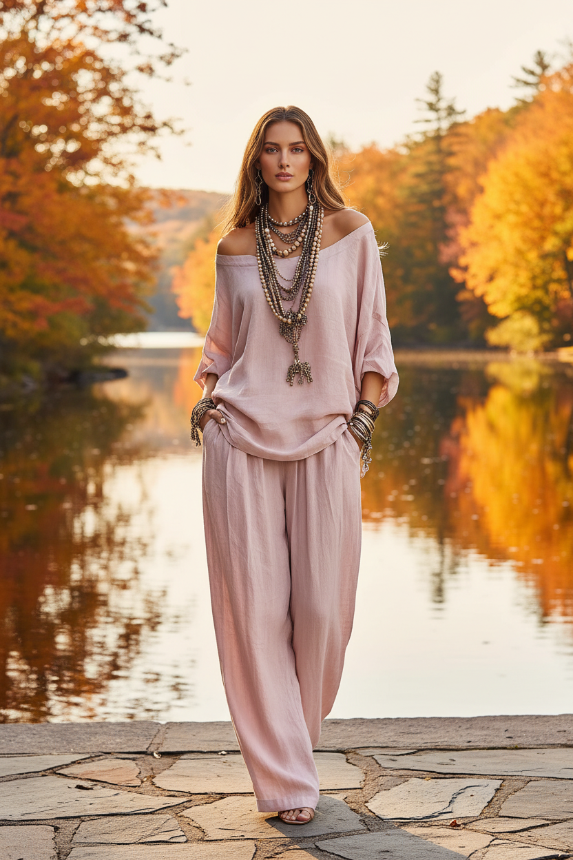 Off-Shoulder Loose Fit Top and Pants Two-Piece Set