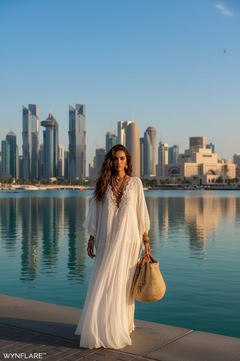 Qatar — White Dress Doha Skyline