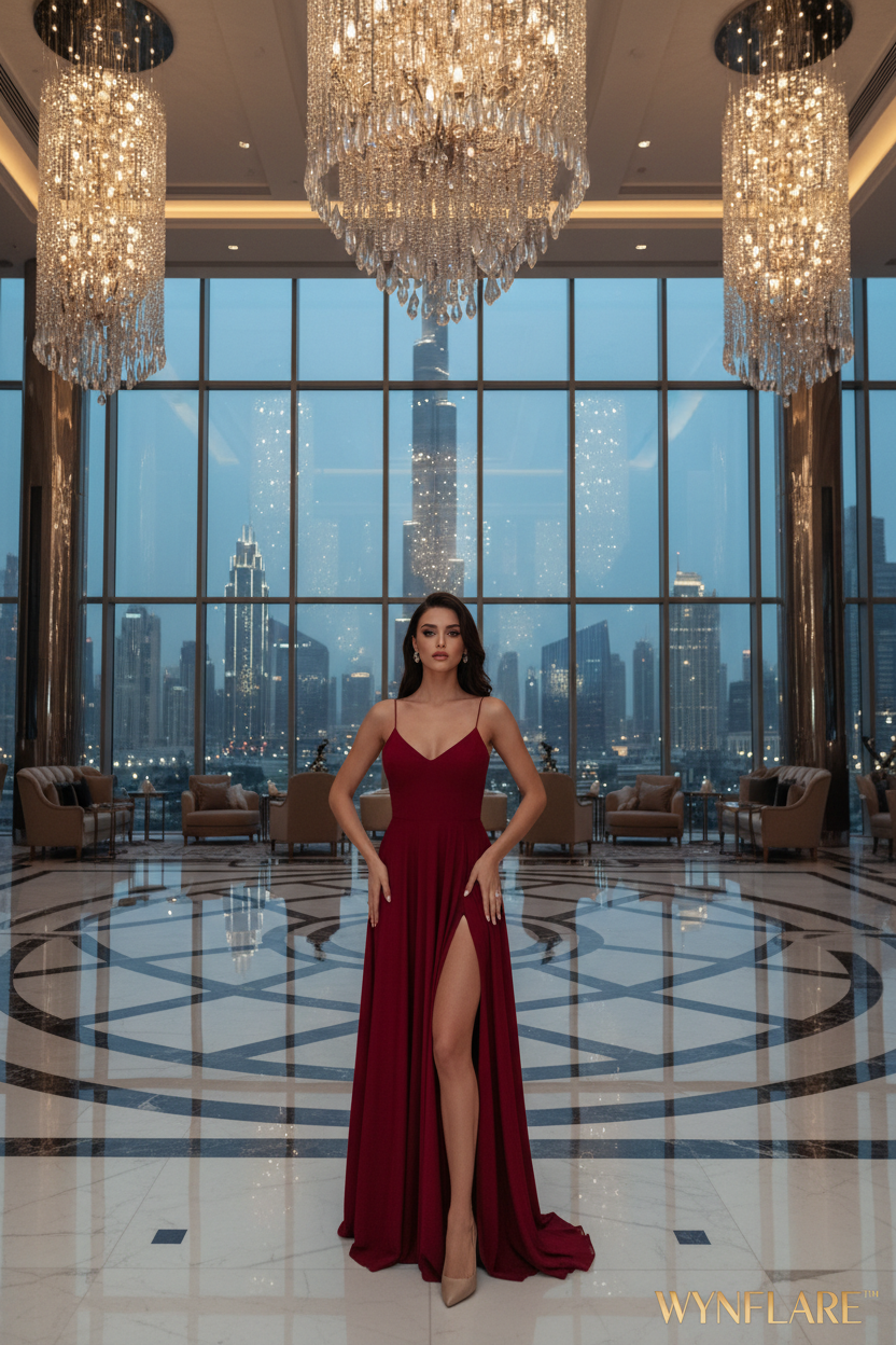 Backless One-Shoulder Ruched Bodycon Maxi Dress - Dubai hotel lobby editorial