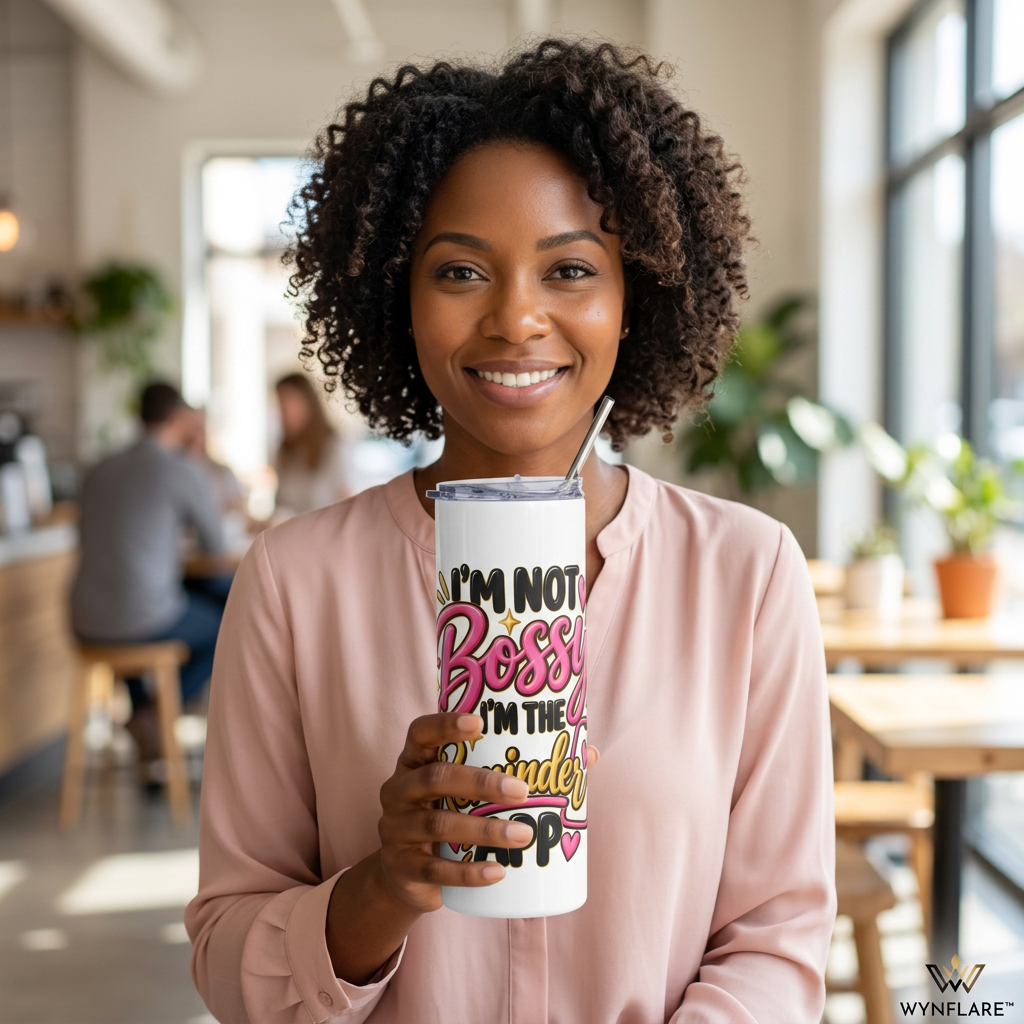 Woman holding the pink-and-gold WYNFLARE tumbler