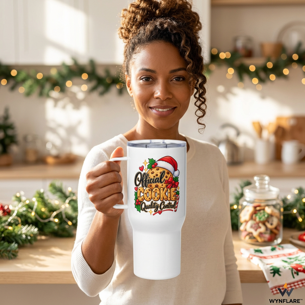 Woman holding the white Official Cookie Quality Control travel mug by its handle with the artwork unobscured
