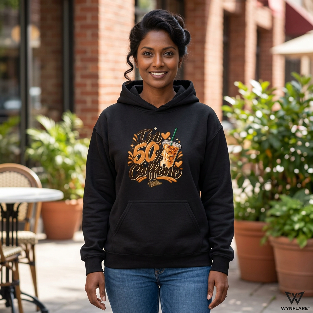 Woman modeling the black caffeine hoodie