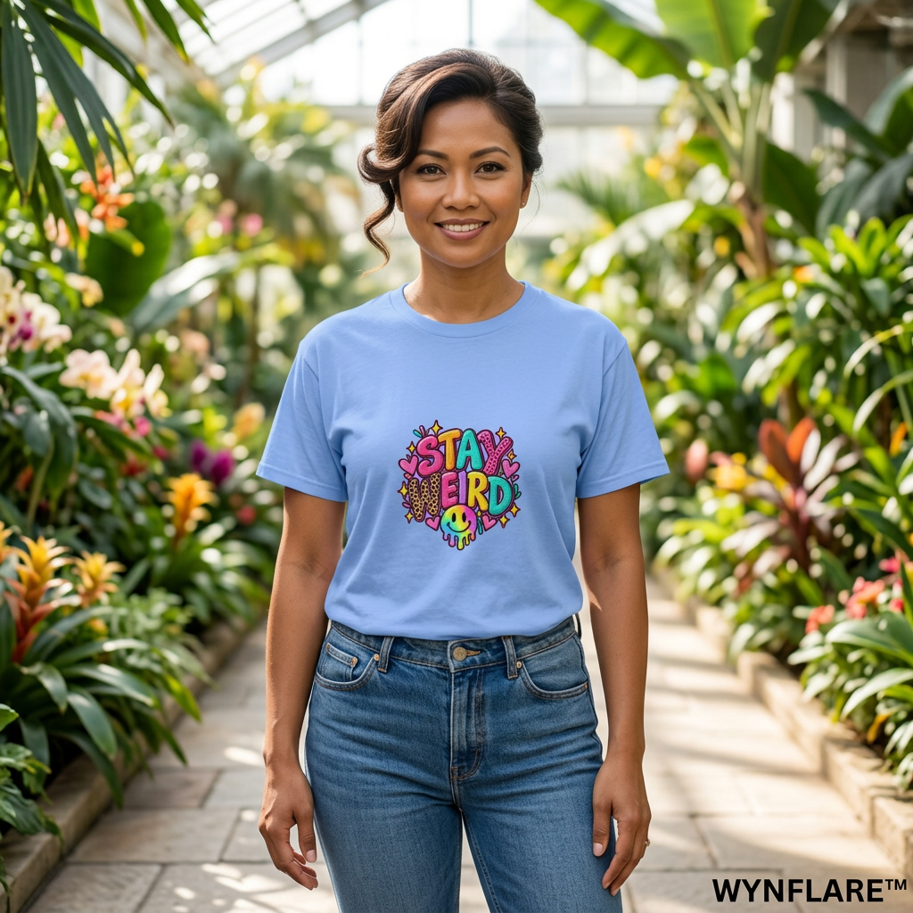 Woman modeling the Carolina blue Stay Weird tee