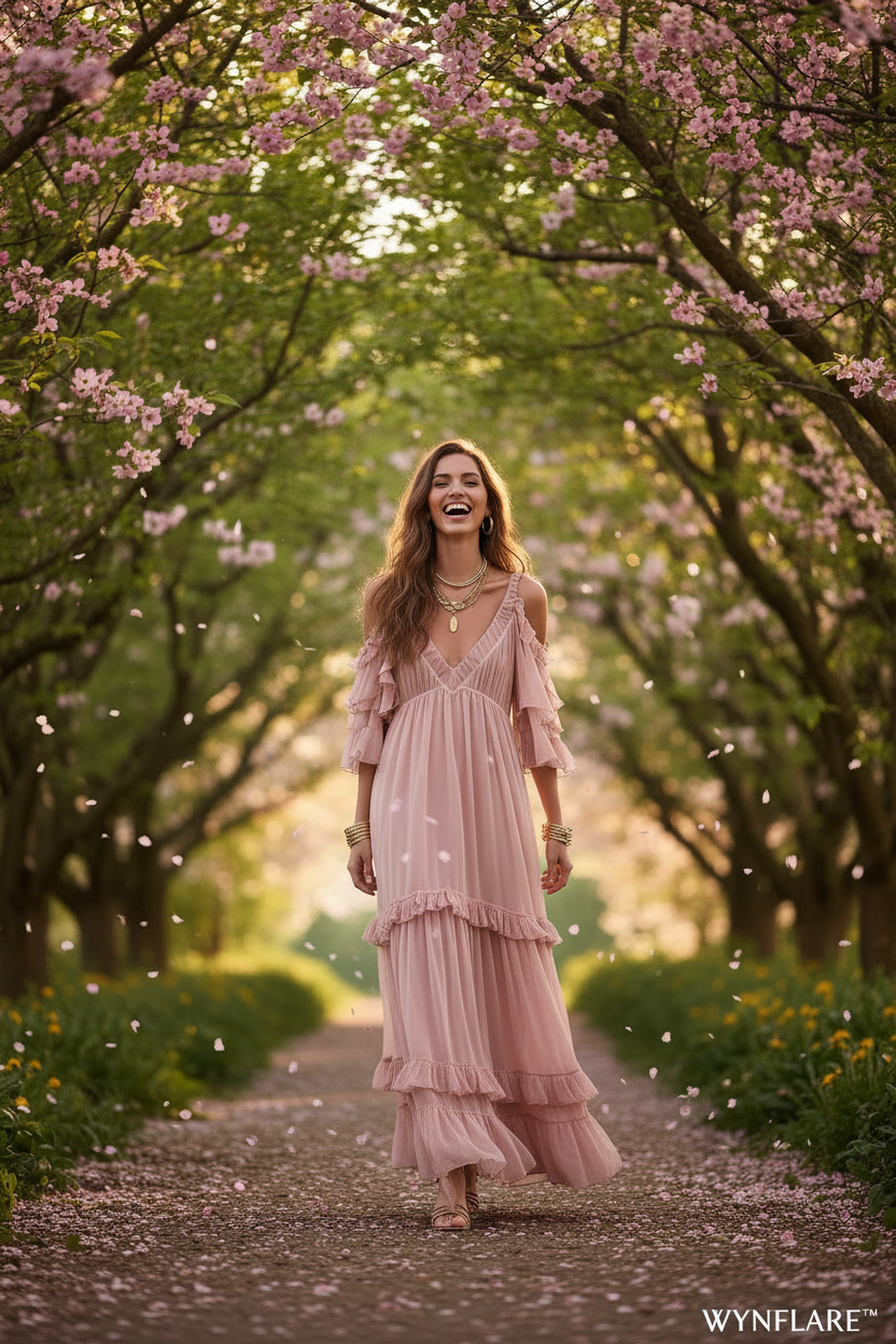 Woman in blush pink cold shoulder ruffled maxi dress walking through cherry blossom trees — WYNFLARE™